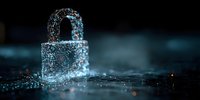 Digital padlock made of glowing blue particles on dark background, symbolizing cybersecurity and data protection in technology concept.