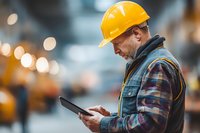 Senior construction worker with yellow hard hat using digital tablet at industrial site, managing project details with modern technology.