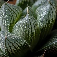 Fresh green leaves covered with morning dew droplets creating natural water beads on textured foliage surface for botanical and nature photography projects.