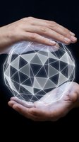 Hands protecting glowing geometric sphere with network connections representing data security, technology innovation and digital transformation concepts.