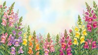 Colorful snapdragon flowers border with pink, yellow and orange blooms on soft watercolor background for spring garden design and floral decoration.