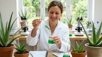 Female scientist in white lab coat examining green liquid in test tube surrounded by potted succulent plants and microscopes in bright laboratory setting.