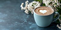 Cup of hot chocolate with heart latte art in mint blue ceramic mug on dark textured background with white spring flowers, romantic morning concept.