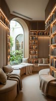 Cozy home library with built-in bookshelves, reading nook, and arched window overlooking garden. Warm lighting creates inviting atmosphere for study and relaxation.