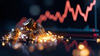 Raw gold nuggets against financial chart background with rising trend line glowing in red neon, dramatic lighting creates bokeh effect on dark surface.