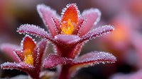 Delicate pink succulent flowers covered in morning frost crystals, macro photography showing intricate details of water droplets on petals in soft natural light.