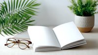 Open blank notebook with reading glasses on white desk, decorative palm leaf and potted plant in background creating minimalist workspace atmosphere.