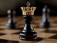 Black chess king piece with golden crown on chessboard, dramatic lighting creates contrast between dark piece and metallic crown, other pieces blurred in background.
