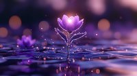 Glowing purple lotus flower emerging from water surface with magical sparkles and bokeh lights creating dreamy atmosphere. Spiritual wellness concept.