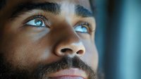 Close up portrait of young African American man with bright blue eyes and beard looking up thoughtfully against blurred teal background. Dramatic lighting highlights facial features.