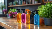 Colorful cleaning spray bottles arranged on wooden kitchen counter with plants and blurred background for household maintenance and domestic care concepts.