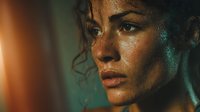 Young Hispanic woman with wet curly hair and water droplets on face in moody lighting for beauty and wellness concepts.