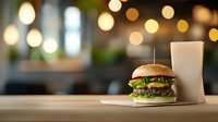 Fresh beef burger with lettuce, tomato and cheese served with glass of milk on wooden table. Blurred warm bokeh lights create cozy restaurant atmosphere.