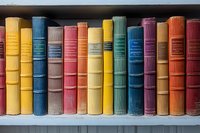 Colorful vintage hardcover books arranged in row on wooden shelf, showing spines in yellow, blue, pink, and orange tones. Classic literature collection display.