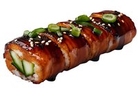 Fresh sushi roll topped with glazed eel, cucumber slices, and sesame seeds on black background. Traditional Japanese cuisine with unagi sauce garnish.