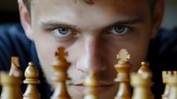 Intense close-up portrait of young caucasian male player behind chess pieces, focusing on piercing blue eyes with dramatic lighting and competitive expression.