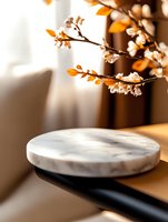 Marble round platform with cherry blossom branch casting shadows in warm sunlight. Elegant minimalist product display setup against soft blurred background.