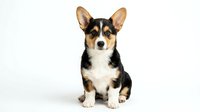 Adorable tricolor Corgi puppy sitting on white background, isolated cute dog with perked ears and fluffy coat for pet designs and marketing materials.