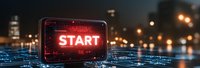 Glowing red start button on futuristic digital interface with network connections and city lights in background, representing technology innovation and business launch.