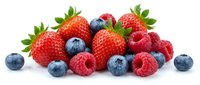 Fresh mixed berries including strawberries, blueberries and raspberries isolated on white background for healthy eating and nutrition concepts.