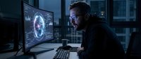 Focused cybersecurity analyst monitoring digital threats on multiple screens in dark control room. Professional IT security specialist working late shift.