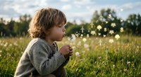 Young child blowing dandelion seeds in sunny meadow during golden hour, childhood wonder and nature connection, outdoor summer activity concept.