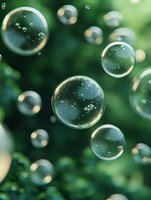 Floating soap bubbles against blurred green nature background, capturing transparent spheres with delicate rainbow reflections and tiny water droplets in summer light.