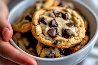 Fresh baked chocolate chip cookies with melted dark morsels served in white ceramic bowl, close up view showing soft, chewy texture and golden brown edges.
