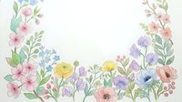 Soft watercolor floral wreath frame with pastel pink, yellow, purple and blue wildflowers and green leaves on white background.