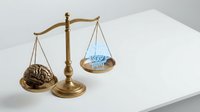 Brass balance scale weighing human brain against light bulb on white surface representing logic versus creativity decision making concept for business presentations.