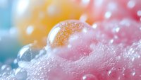 Close-up of soap bubbles with sparkling water droplets on colorful blurred background. Use for cleaning product advertising, hygiene campaigns, wellness content, and design projects.