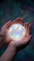 Hands holding glowing iridescent sphere with rainbow light reflections against blurred teal and purple background. Concept for magic, future technology, innovation, and wonder.