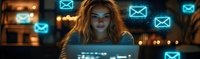Young woman illuminated by laptop screen with glowing neon email icons floating around her in dark room, depicting digital communication and night work atmosphere.