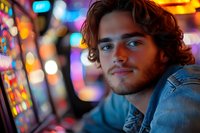 Young man with curly hair and denim jacket smiling at night against colorful bokeh lights background, neon glow illumination creates atmospheric portrait.