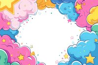 Playful frame with colorful cartoon clouds and stars in pastel pink, blue, and yellow tones on white background, creating magical border for children designs.