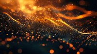 Glowing golden particles flow in waves against dark background, creating dynamic motion with floating bokeh lights and shimmering sparkles. For abstract backgrounds.