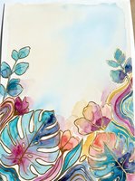 Watercolor botanical frame with colorful tropical leaves and flowers in turquoise, pink, and gold tones on cream background. Isolated design element for invitations, cards, and creative projects.