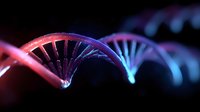 Glowing DNA double helix structure in red and blue neon colors against dark background illustrates genetic research and biotechnology advancement in modern science.