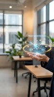 Businessman holding holographic cybersecurity shield with trust architecture concept in modern office environment for digital protection presentations.