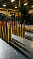 Brass ammunition cartridges lined up in manufacturing facility with industrial equipment and workers in blurred background for military defense production.