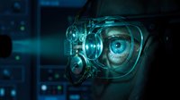 Futuristic digital eye with holographic interface and circuit patterns, representing artificial intelligence, technology innovation, and cybernetic vision for tech concepts.