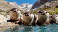 Group of curious river otters peeking over rocks in crystal clear mountain stream water, showing playful expressions against snow-capped peaks and alpine landscape.