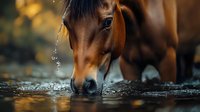 Bay horse drinking water from stream with water drops splashing, close-up view of muzzle against blurred autumn background, dramatic nature photography.