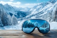 Ski goggles on wooden surface reflecting snowy mountain landscape with pine trees and valley view, winter sports equipment.