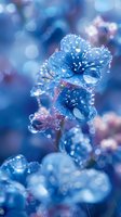 Delicate blue flowers covered in morning dew drops against soft bokeh background, creating dreamy macro nature photography with ethereal lighting effects.