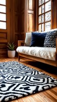Cozy wooden interior with navy blue patterned rug, bench seating with fur throw and decorative pillows, natural light streaming through windows.