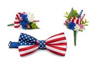 Patriotic floral bouquets and bow tie isolated on white background. Red, white and blue flowers with stars and stripes design for Fourth of July, Memorial Day, Independence Day celebrations and events.