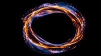 Glowing orange and blue light trails form dynamic circular pattern against black background, creating luminous energy ring effect with sparkling particles.
