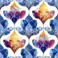 Seamless moroccan pattern with watercolor effect lotus flowers in blue, purple and orange tones on white background. Oriental style tiles repeat design.