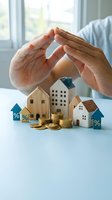 Hands protecting wooden house models with percentage symbols and gold coins representing home insurance, mortgage rates, and real estate investment security.